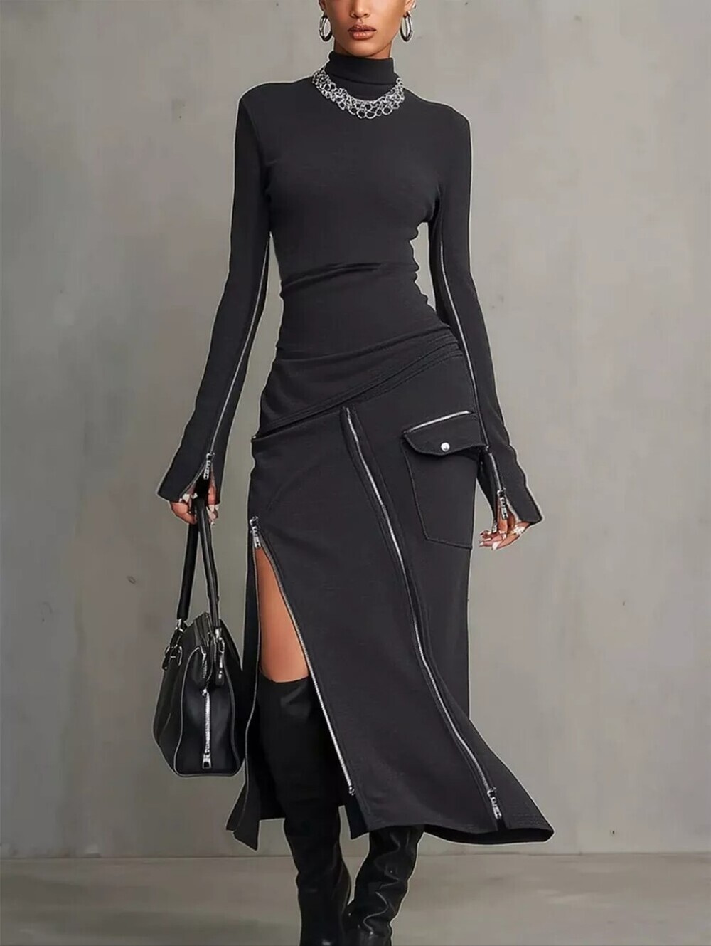 Mock Neck Long Sleeve Zipper Detail Maxi Dress